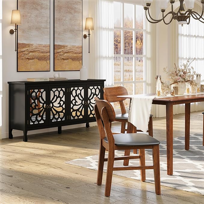 RoyalCraft 63'' Sideboard Buffet Cabinet with Storage, Accent Cabinet Credenza with 4 Doors and Adjustable Shelves, Vintage Media Console for Entryway, Living Room, Kitchen, Satin Black