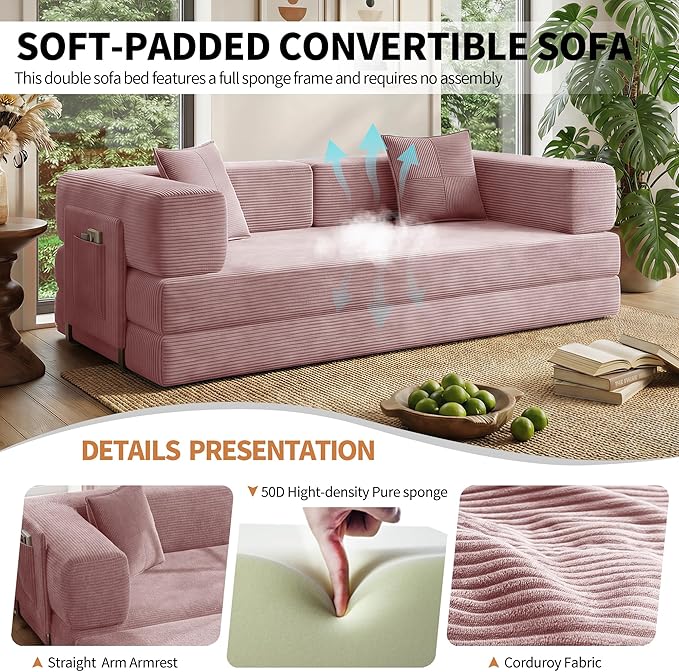 78.8" Convertible Sofa Bed with Armrest Pillow, 4-in-1 Sleeper Couch Bed for Livingroom, Modular Corduroy Boneless couches, No Assembly (Pink)