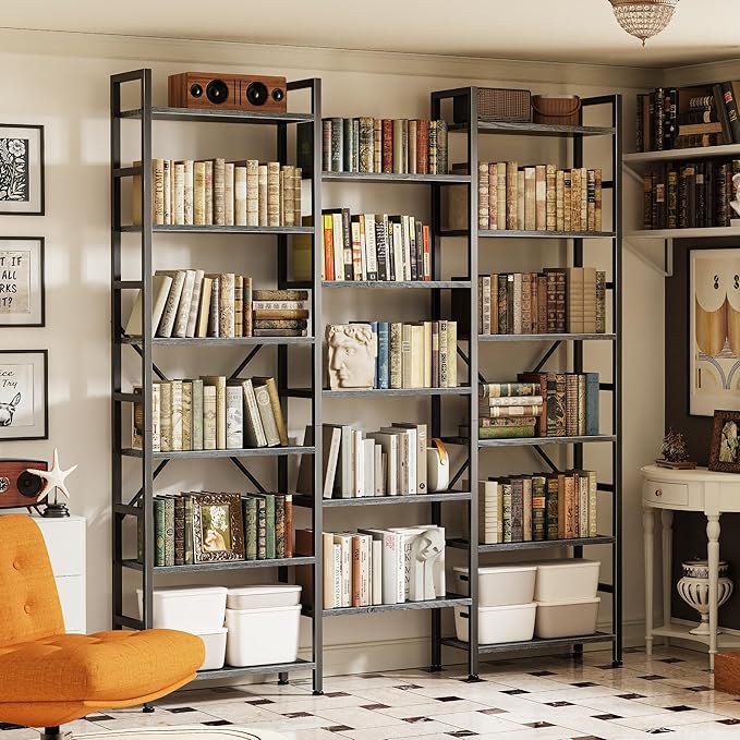 SUPERJARE Triple Bookshelf, Bookcase with 17 Open Display Shelves, Wide Book Shelf Book Case for Home & Office, 6 Tier, Grey