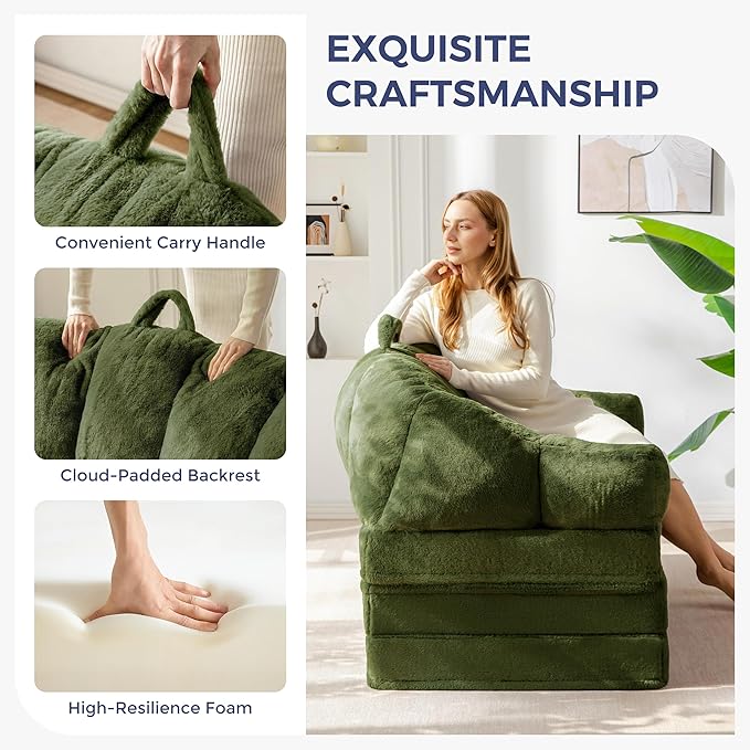 MAXYOYO Folding Sofa Bed, 2 in 1 Convertible Sofa to Lounger Comfy Loveseat Bean Bag Chair for Adults, Floor Sleeper Couch with Handle, Faux Fur Couch Bed for Living Room Bedroom, Green, Loveseat