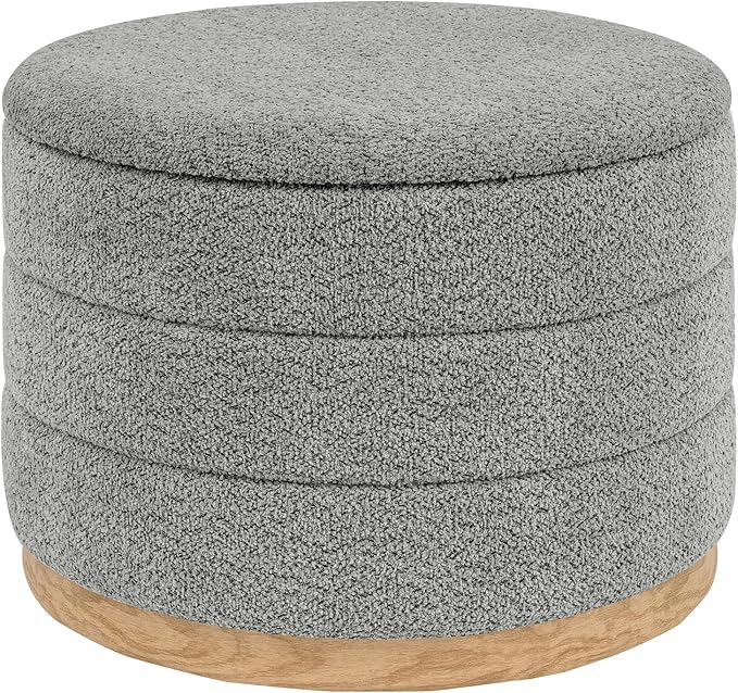 Round Storage Ottoman with Tray Lid, Folding Chenille Fabric Footrest with Hidden Storage, 22.8" Large Footstool Side Table for Dorm Living Room Bedroom, Wood Grain Base, Grey