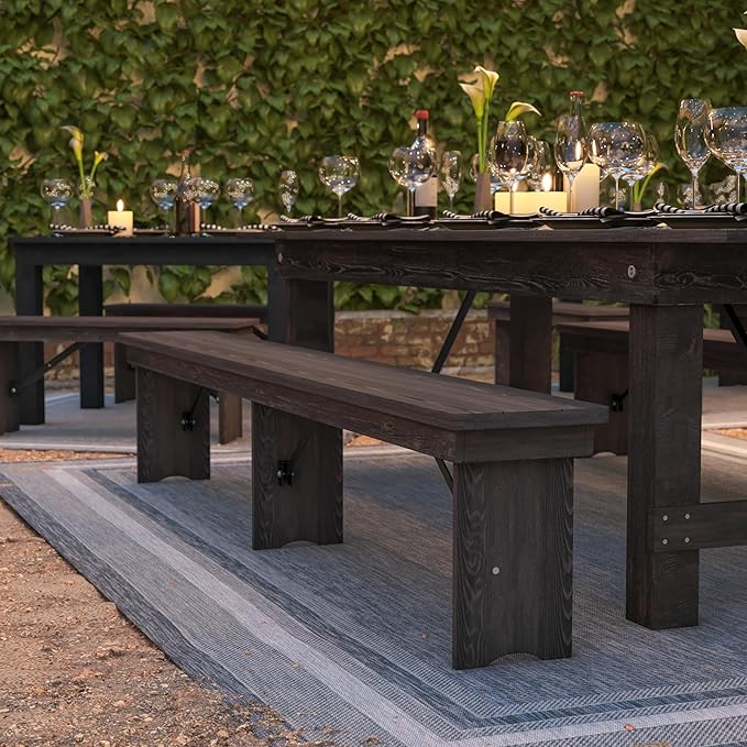 Flash Furniture HERCULES 8' x 12" Solid Pine Folding Farm Bench in Antique Rustic Mahogany