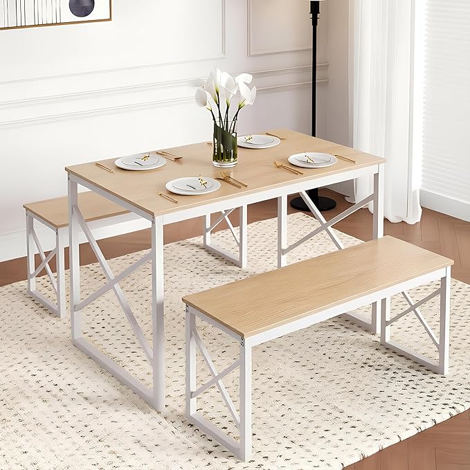 VECELO 43.3" Kitchen Dining Table Set for 4, Heavy-Duty Steel Frame & Wood-Grain Tabletop, Space-Saving Dinette Sets with 2 Benches for Breakfast Nook and Small Space, Natural