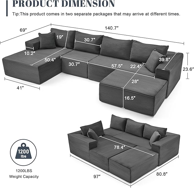 Mangodan 140” Cloud Sectional Couch, Modular Sectional Sofa with Deep Seat, Boneless Sofa for Living Room, Fluffy Comfy U-Shaped Couch with Left Facing Chaise, No Assembly Required, Grey