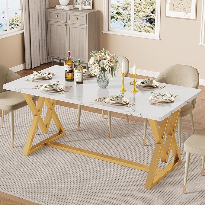 IRONCK 63" Dining Table for 4-6, Modern Rectangular Kitchen Table with Sturdy Metal Frame & Geometric Legs for Dining Room, Easy Clean-Faux Marble Color