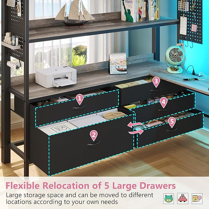 BYSAUD Full Size Loft Bed, Loft Bed Full Size, Bunk Bed with Desk, Loft beds with Desk,LED Lights & Charging Station,5 Drawer&1 Bedside Organizer,Safety Guardrail,Noise Free,No Box Spring Needed,Gray
