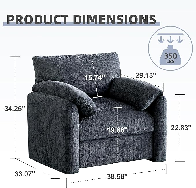 Howjoe Chenille Oversized Armchair, 38.6" Wide Accent Chairs for Living Room & Bedroom Modern Lounge Chair, Upholstered Mid-Century Reading Chair, Comfy Living Room Chair, Single Sofa Chair, Blue