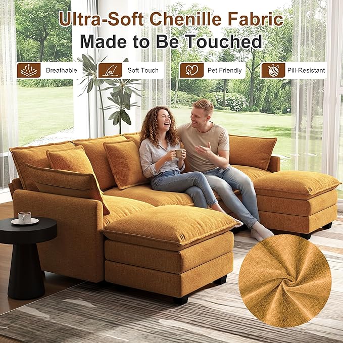 107" Cloud Couch Sectional, U Shaped Modular Sectional Sofa, 4-Seat Deep Seat Couch with 6 Removable Washable Pillows and 2 Ottoman for Living Room, Bedroom, Apartment, Orange