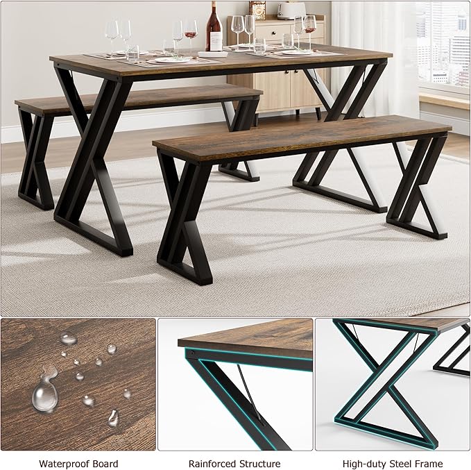 GAOMON Dining Table Bench Set for 4, Kitchen Table Set with 2 Benches, Rectangular Dining Room Table Set with Sturdy Metal Frame, Saving Space for Kitchen, Dining Room, Apartment, Vintage Brown