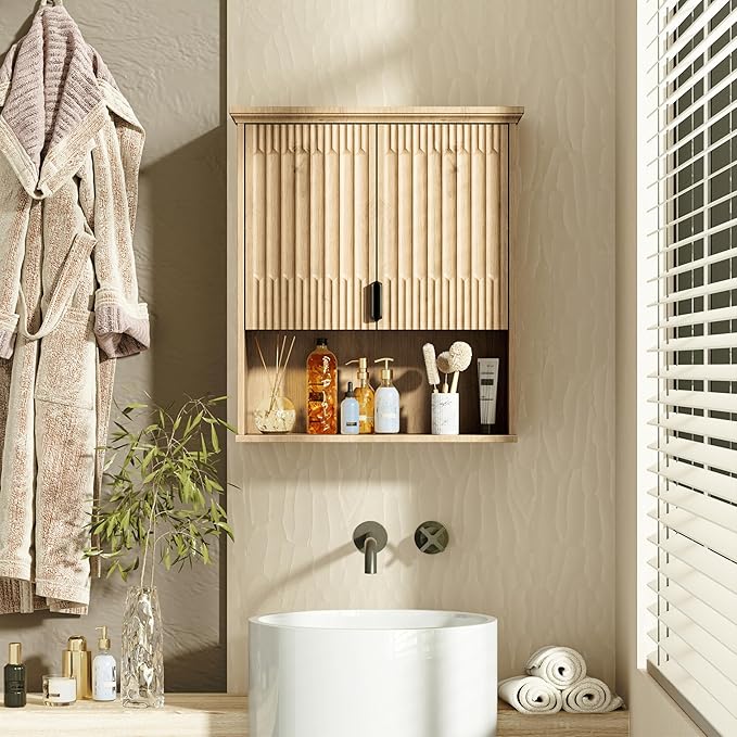 Fatmok Bathroom Wall Storage Cabinet, Medicine Cabinet with Adjustable Wood Shelf & Doors, Over the Toilet Storage Cabinet for Laundry Room & Living Room Kitchen,Natural