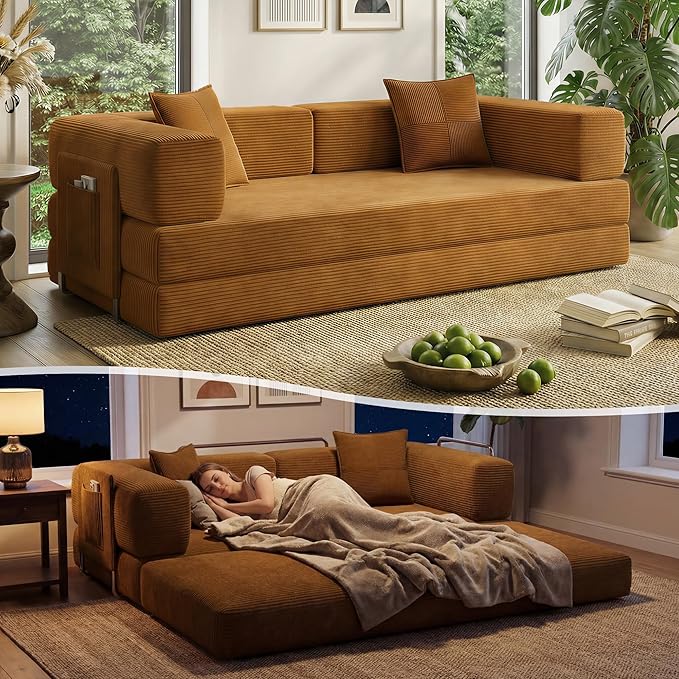 78.8" Convertible Sofa Bed with Armrest Pillow, 4-in-1 Sleeper Couch Bed for Livingroom, Modular Corduroy Boneless couches, No Assembly (Yellow)