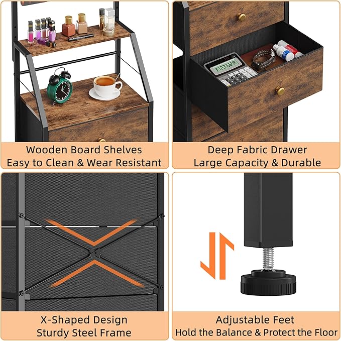 HIGDBFE 4-Drawer Dresser with Mirror, Vanity with 2-Tier Shelves, Fabric Chest of Drawers for Small Space, Vertical Storage Cabinet for Bedroom, Nightstand Bedside Table, Rustic Brown, 15.3" W