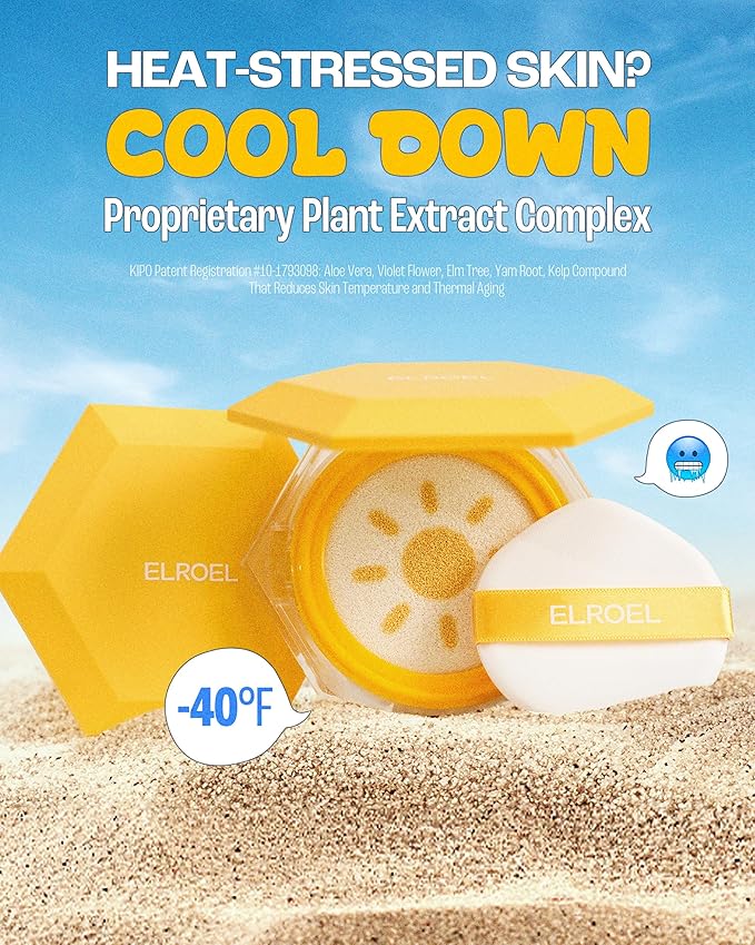 ELROEL Pang Pang Big Sun Cushion Plus Refill - Korean Hypoallergenic & Cooling Face Sunscreen with Puff Sponge - Broad Spectrum SPF50+ PA++++ (0.88 oz)