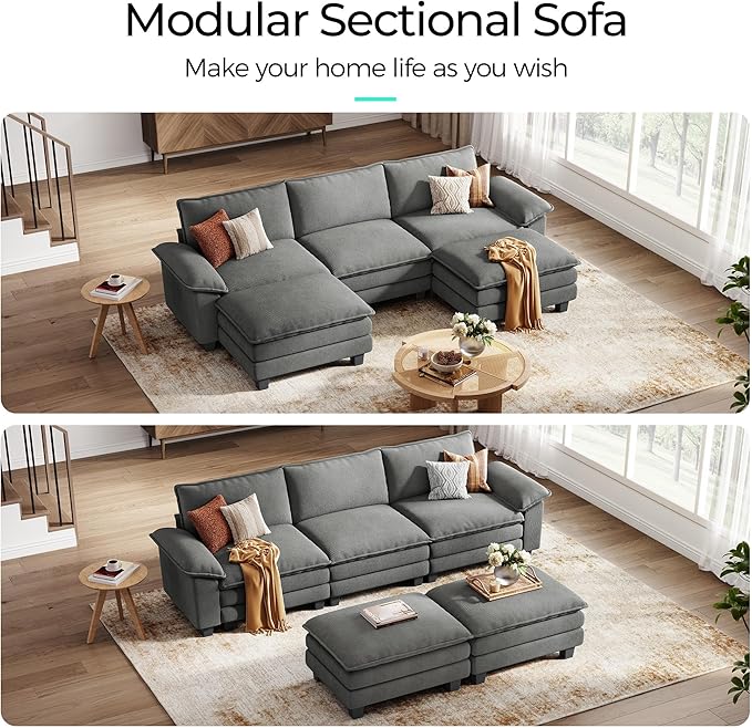 LINSY HOME 123" Modular U-Shaped Sectional Sofa, 3-Seat Corduroy Modern Cloud Couch with Deep Seat & 2 Movable Ottoman, Perfect for Living Room, Office, Bedroom, Grey