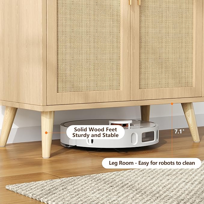 Set of 2 Rattan Buffet Cabinet with Storage, 59 Inch Sideboard with Adjustable Shelf and Solid Wood Legs, Floor Storage Cabinet with 4 Doors, Coffee Bar for Kitchen, Living Room, Hallway, Natural