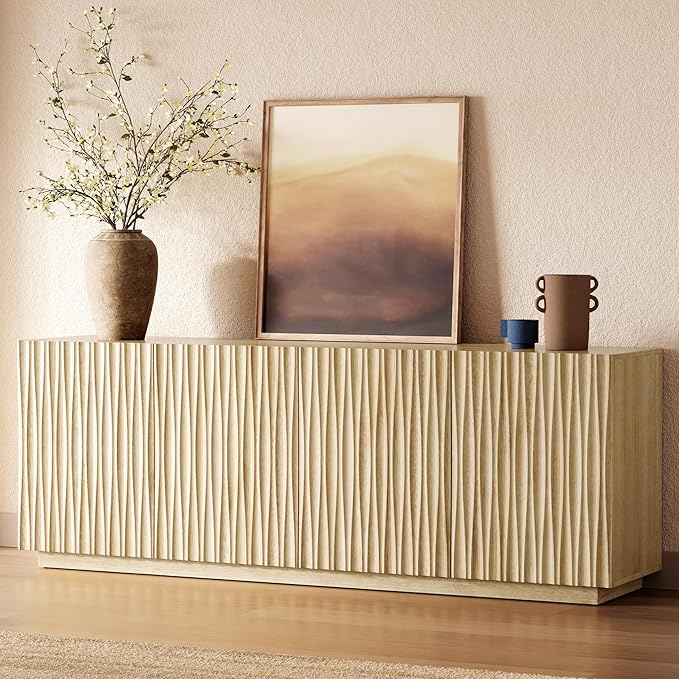 70" Fluted TV Stand for TVs Up to 50/55/65/75", Mid-Century Modern Entertainment Center for Living Room, Tall Sideboard & Storage Cabinet Wavy Media & TV Console, 8 Cable Holes&Soft-Close, Natural Oak