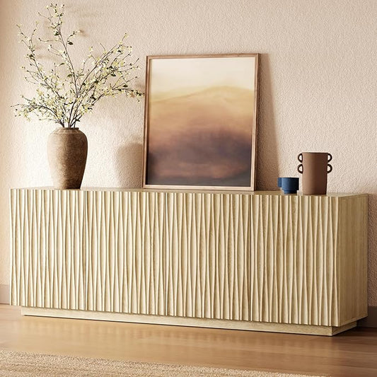70" Fluted TV Stand for TVs Up to 50/55/65/75", Mid-Century Modern Entertainment Center for Living Room, Tall Sideboard & Storage Cabinet Wavy Media & TV Console, 8 Cable Holes&Soft-Close, Natural Oak