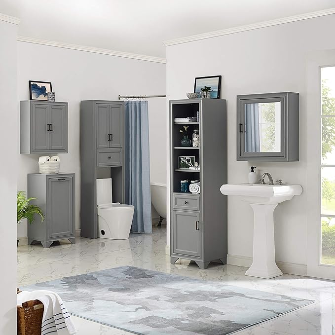 Crosley Furniture Tara Over The Toilet Storage Cabinet and Bathroom Organizer with a Drawer and Shelves, Vintage Gray
