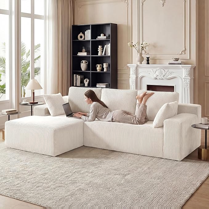 GRUSIGN Cloud Sectional Boneless Couches for Living Room, Modular L Shaped Couch with Deep Seat Oversized Left Facing Chaise, Memory Foam Compressed Spineless 3 Seater Sofa for Apartment, Beige