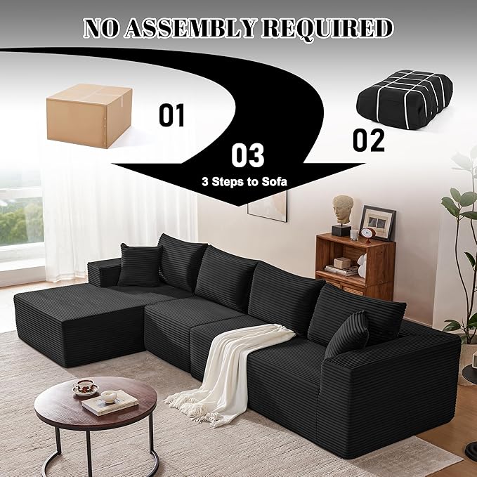 Mangodan 140” Cloud Sectional Couch, Modular Sectional Sofa with Deep Seat, Boneless Sofa for Living Room, Fluffy Comfy L-Shaped Couch with Left Facing Chaise, No Assembly Required, Black