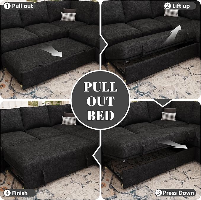 85 Inch Modular Sectional Sofa with Pull Out Bed, L Shaped 5 Seat Sectional Sleeper Sofa with Storage, Sectional Couches for Living Room, Cloud Modular Couch,Removable Sofa Cover, Black