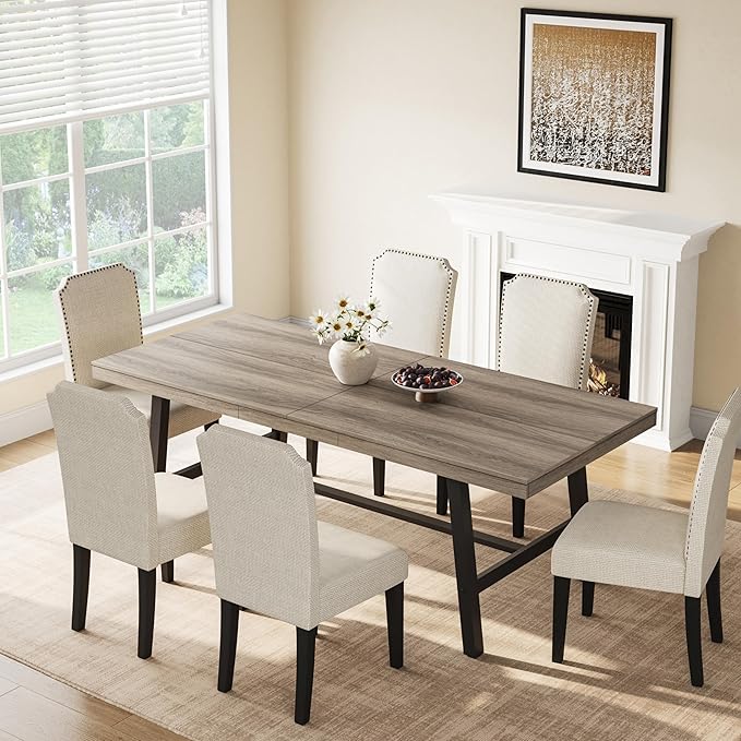 GarveeHome Industrial Dining Table for 6-8 People, 78.7" Long Kitchen Table with Sturdy Metal Frame, Rectangular Counter for Dinner, Kitchen, Dining Room (Grey Walnut, 79" Non-extendable)