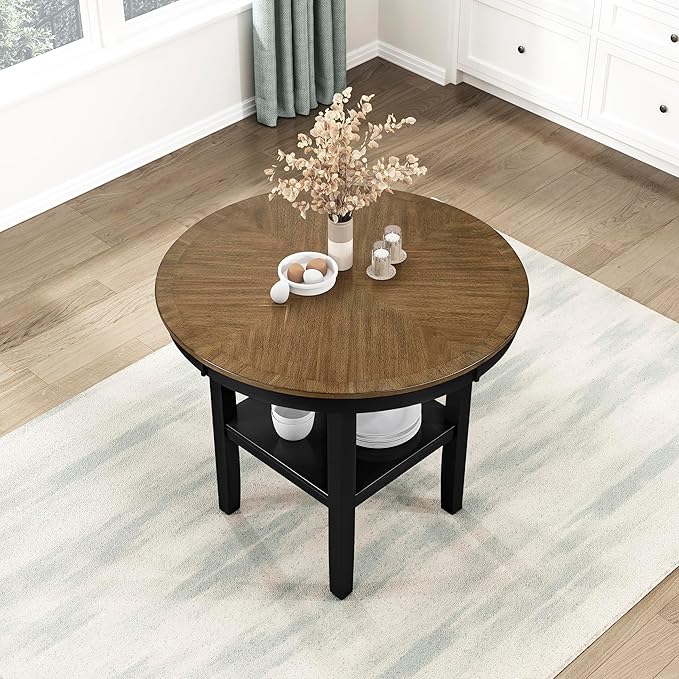 Lexicon 5 Piece Counter Height Dining Set for 4 - Acacia Veneer Wood Table Round with Storage Shelf and Cross Back Chairs, Dining Room Small Kitchen Table Set for 4, Two-Tone Finish (Brown and Black)
