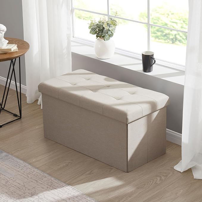 Ornavo Home Folding Storage Ottoman, 30 Inch Large Storage Bench with Lid, Foot Rest Stool for Bedroom, Living Room, Entryway, Tufted Linen Upholstered - Beige