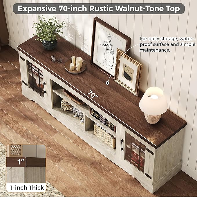 IRONCK Farmhouse TV Stand for 75 Inch TV, Rustic Entertainment Center with Storage Cabinets & Open Shelves, Grid Glass Doors, Media Console for Living Room, Bedroom(Light Oak & Walnut)