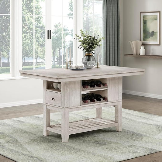 Lexicon 60" Farmhouse Counter Height Dining Table for 6, Solid Wood Frame Acacia Veneer Rectangular Dining Table with Wine Storage, Drawers, and Open Shelves, Brushed Antique White