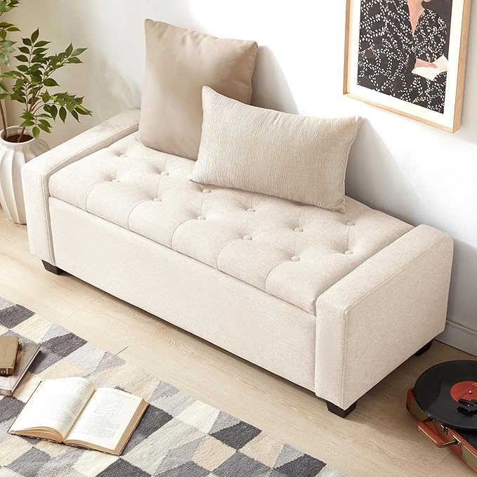 Huatean Home 48" Ottoman with Storage, Storage Ottoman Bench with Safety Hinge, Upholstered Entryway Bench with Seating for Bedroom, Living Room, Holds up to 330 lb, Beige