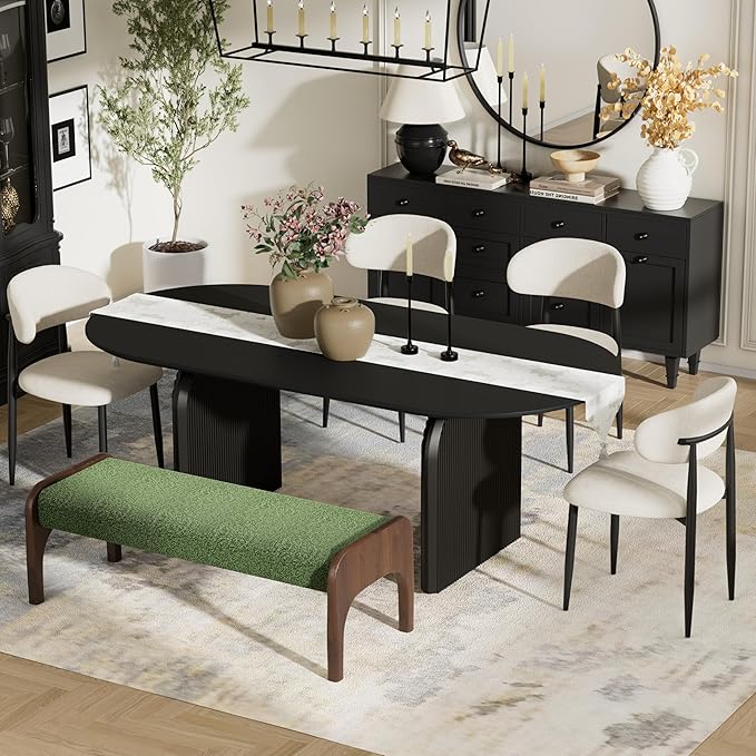 6-Piece Mid-Century Modern Dining Table Set, 63" Black Rectangular Table with 2 Dining Chairs & Bench, Dining & Kitchen Room Set for 6, Space-Saving Rustic Dining Set,Beige&Green