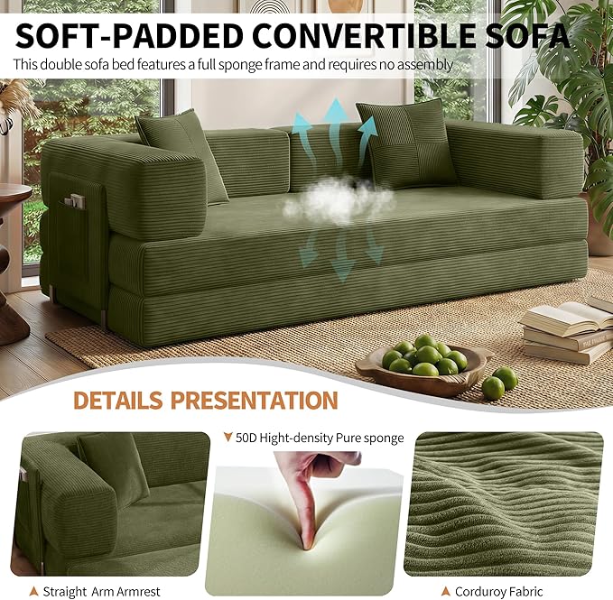 78.8" Convertible Sofa Bed with Armrest Pillow, 4-in-1 Sleeper Couch Bed for Livingroom, Modular Corduroy Boneless couches, No Assembly (Green)
