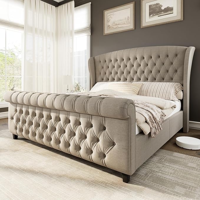 AMERLIFE Queen Size Platform Bed Frame, Linen Upholstered Sleigh Bed with Scroll Wingback Headboard & Footboard/Button Tufted/No Box Spring Required/Khaki