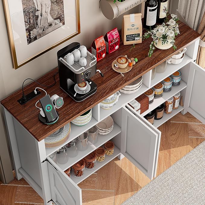 knoworld Buffet Sideboard with Storage with Power Outlets & LED Light 4 Doors, 55'' Large Farmhouse Kitchen Storage Cabinet Wood Coffee Bar Cabinet Buffet Table for Kitchen, Dining Room, Entryway