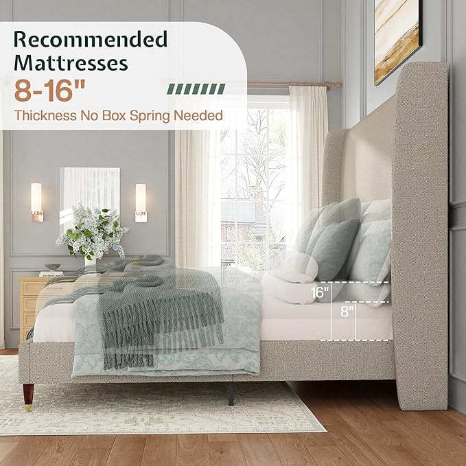 Jocisland King Size Bed Frame 51.2" Wingback Headboard Linen Upholstered Platform Bed,Solid Wood Legs & Wooden Slats,No Box Spring Needed,Noise-Free,for Family Master Suite Cozy Home,Brown