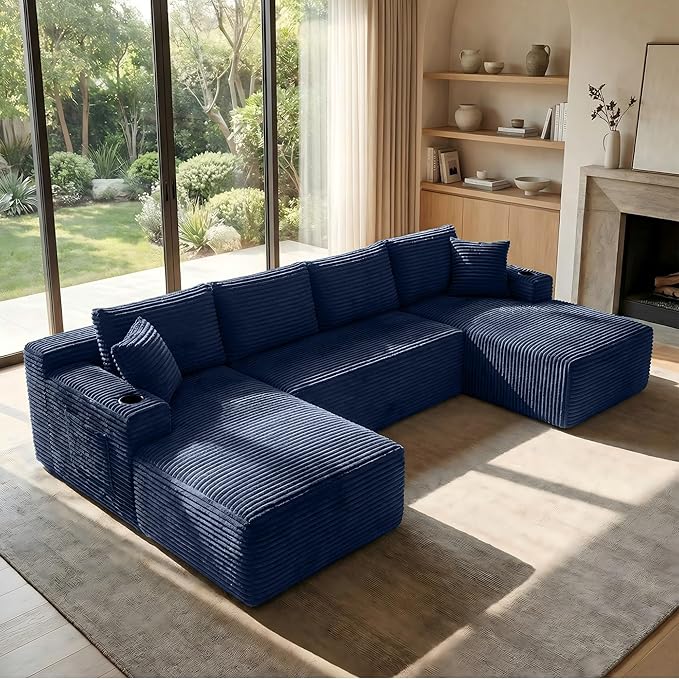 125 Inch Modular Sectional Sofa, Cloud Couch Oversized U Shaped Corduroy Sofa with Storage & Cupholders, Modern Deep Seat Boneless Couches for Living Room, No Assembly Required, Blue