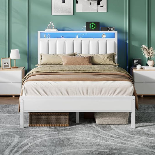 Furnulem White Full Size Bed Frame with Charging Station & Led Lights, PU Leather Upholstered Headboard with 2-Tier Storage Shelves, No Box Spring Needed, Metal Slat Support, Solid and Stable