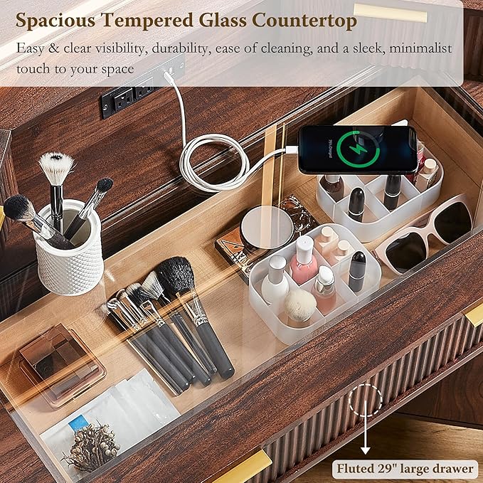 T4TREAM 48" Fluted Makeup Vanity Desk with HD Triple Mirror and Lights, Large Lighted Corner Vanity with Glass Top, Modern Dressing Table with 3 Drawers & 2 Cabinets for Bedroom, Dark Walnut