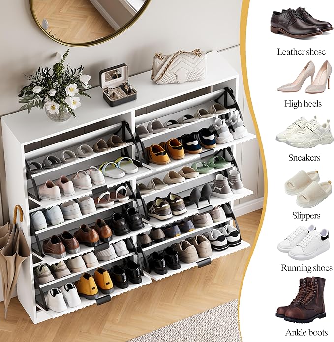 HUANLEGO Shoe Cabinet Storage for Entryway with 6 Flip Drawers, White Fluted Shoe Cabinet with Adjustable Shelves, Wooden Hidden Shoe Rack Freestanding Narrow Slim Shoes Storage for Hallway, Entrance