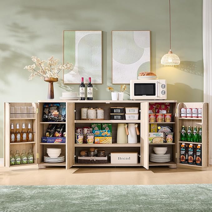 Curved Buffet Cabinet with Doors, 66" Large Sideboard Buffet Storage Cabinet with 4 Doors and Shleves, Modern Coffee Bar Station Wood Kitchen Table for Kitchen, Dining Room, Light Grey