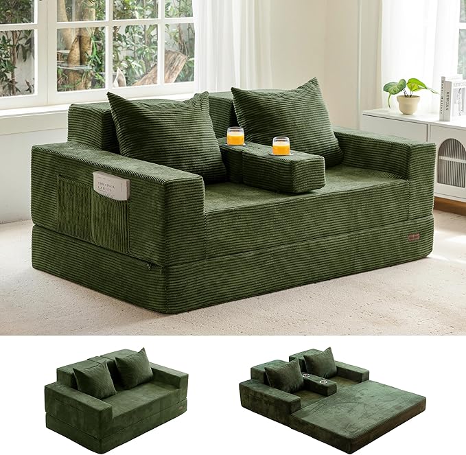 MAXYOYO Loveseat Sofa Bed, 64" Foldable Floor Sofa Couch in A Box with 2 Cup Holders, 4 in 1 Convertible Boneless Couch Folding Recliner Sleeper Chair for Living Room, No Assembly Required, Green