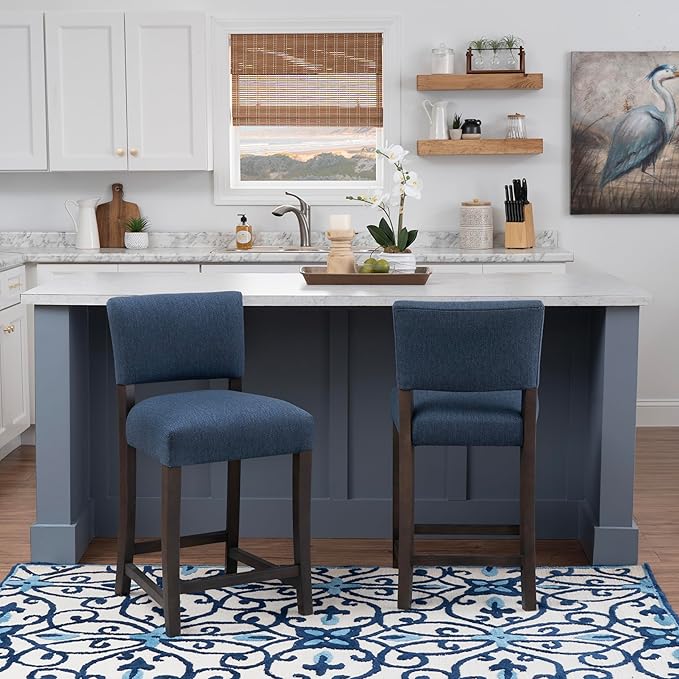 Linon Brasko Dark Espresso Wood with Dark Blue Upholstery 24" Seat Height Counter Stool in a Set of 2
