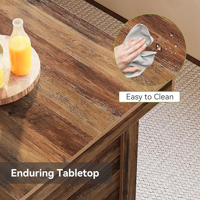 LITTLE TREE 55 Inches Kitchen Island with Storage, 3-Tier Farmhouse Wooden Stationary Island Table with Large Worktop & Leg Room, Modern Coffee Bar Table with Storage Shelf for Kitchen, Rustic Brown
