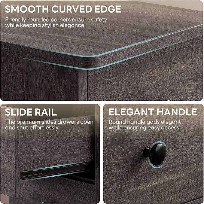 LIKIMIO Nightstand with Charging Station, Narrow Bedside Table with 3 Drawers, End Table with USB Ports and Outlets, Side Table for Living Room/Bedroom Modern, Charcoal Grey