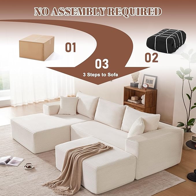 Mangodan 110” Cloud Sectional Couch, Modular Sectional Sofa with Deep Seat, Boneless Sofa for Living Room, Fluffy Comfy U-Shaped Couch with Left Facing Chaise, No Assembly Required, Beige