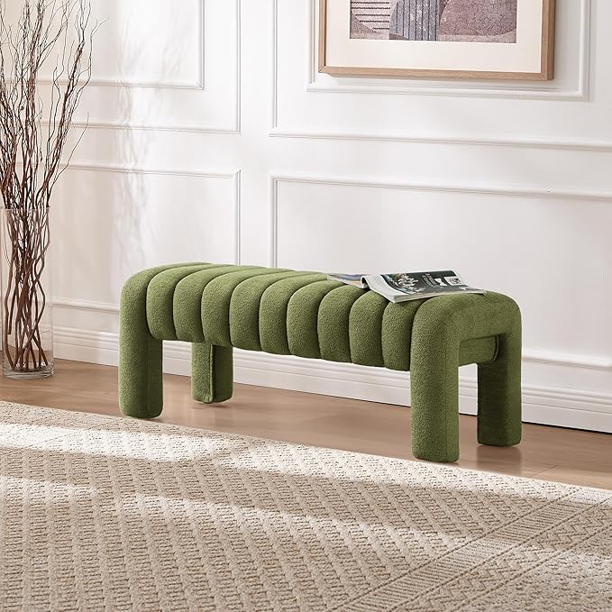 43.3" Dining Room Bench, Green Tufted Upholstered End of Bed Bench, Modern Entryway Ottoman Window Seat with Solid Wood Legs and Padded Seat for Bedroom, Hallway and Living Room (Boucle)