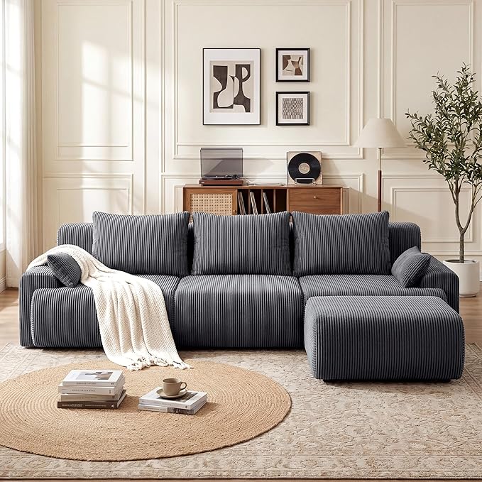 GRUSIGN 118'' Sectional Boneless Oversize Modular Couches, Curved Cloud Sectional Couches for Living Room,Rounded Corner Design L Shape Deep Seat Family Sofa with Ottoman & 3 Throw Pillows, Grey