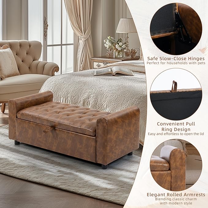 48" Ottoman with Storage, Tufted Storage Ottoman Bench, Convenient Living Room Fabrics Bench Seat, Entryway Shoe Benches with Inner Zipper & Arm, Rivetless Upholstered Window Seat Ottomans, Brown
