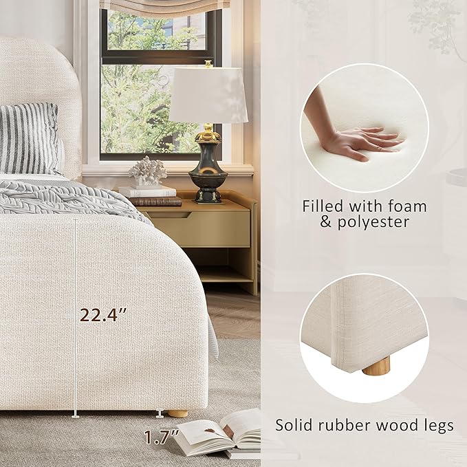 Christopher Knight Home Lanet Linen Upholstered King Size Bed Frame with Headboard, Modern King Bed Frame and Headboard, Wooden Slats Support, Easy Assembly, No Box Spring Needed, Beige